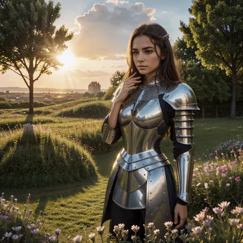 Detailed medieval knight,armor with reflections,landscape with many flowers,Sunset,stretching out his hand,butterfly on the index finger,Sun rays,beyond light,castle background,blurred background,blurHigh resolution, masterpiece, necessary, anatomically co...