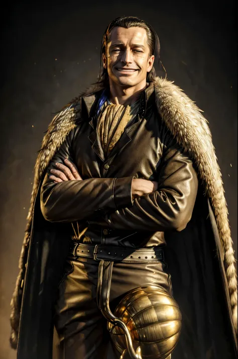 masterpiece, best quality, extremely detailed, hyperrealistic, photorealistic, a cool 40s man, ultra detailed face:1.2, fur-trimmed coat, scarf around the neck, his left hand is a golden pirate hook:1.1, cigar, standing, crossed arms, sly smile, white back...