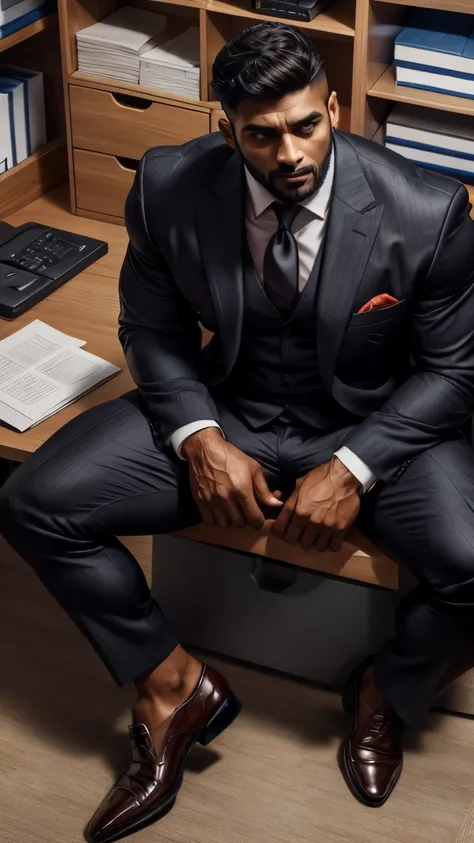 from above view, black man business suit, formal shoes, secretly mastrbate in office store room with spread legs, pain is raggin...