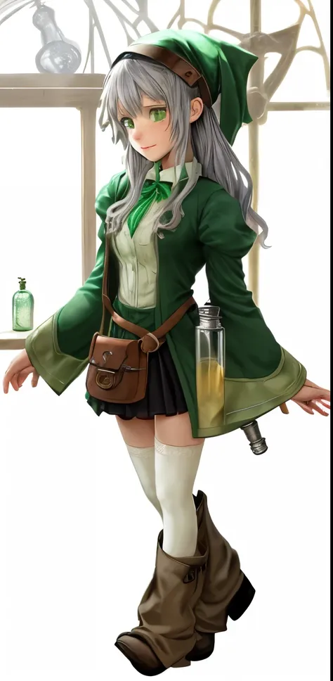 A girl with grey hair and green eyes dressed in a light green alchemist outfit holding a potion bottle on her hand, best quality, 1girl, solo, alchemist, alchemy, green eyes, thighhighs, beanie, hat, wizard hat, skirt, flask, ((atelier background)), cauldr...