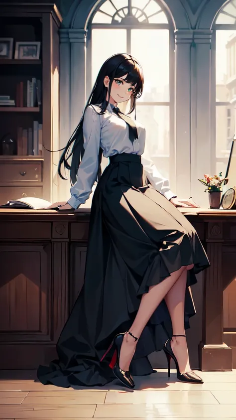 ((masterpiece, high resolution, better quality, better details)), ((Smiling)), ((one girl)) a girl sitting in the office, full body, maxi green skirt, blouse,((louboutin high heels)), green eyes , ((black hair, long hair)), shiny skin, ((behind view)), sol...