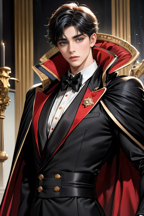 masterpiece, 最high quality, high quality, 1 boy, alone, Male focus, Upper Body,Watching the audience, Messy black hair, Adorable big blue eyes, White, Noble, Noble,A black and red cape that is bursting with sexy volume、Tuxedo、A very voluminous, large, very...