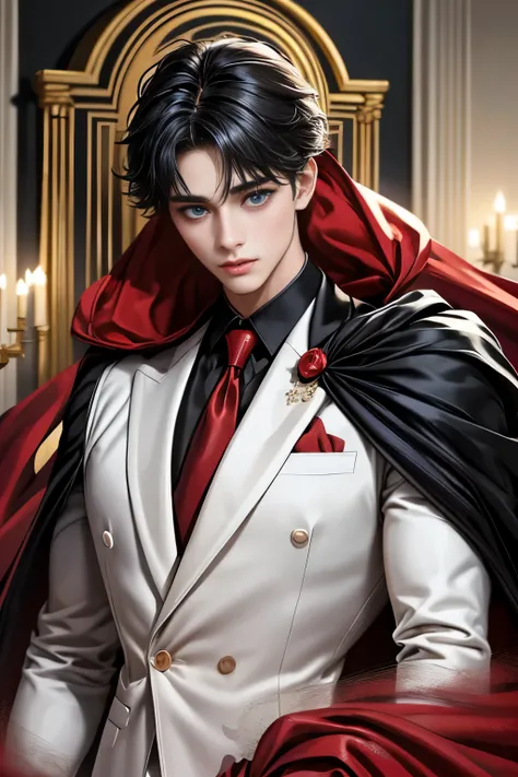 masterpiece, 最high quality, high quality, 1 boy, alone, Male focus, Upper Body,Watching the audience, Messy black hair, Adorable big blue eyes, White, Noble, Noble,A black and red cape that is bursting with sexy volume、Tuxedo、A very voluminous, large, very...