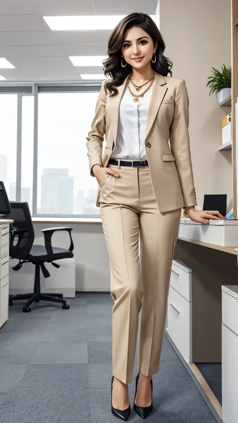 Clear Iranian woman,、Are standing、Full body photo、short hair、Wavy Hair、smile、ear piercing、necklace、Office Lady Suits、Pants Style、、pumps、The background is the office
