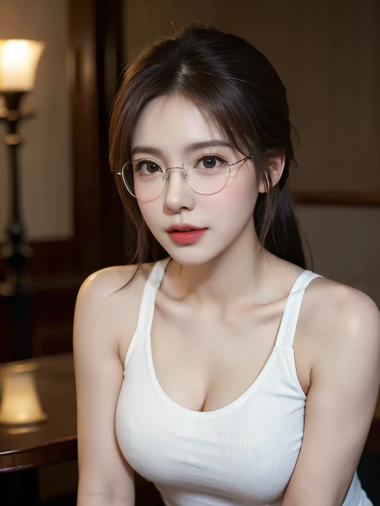 In a warm, dimly lit restaurant, a woman with porcelain-white skin and rich brown ponytail sits comfortably,look at viewer with rest chin on one hand.Soft focus blurs the background, emphasizing her toned physique in a black sleeveless tank top, paired wit...