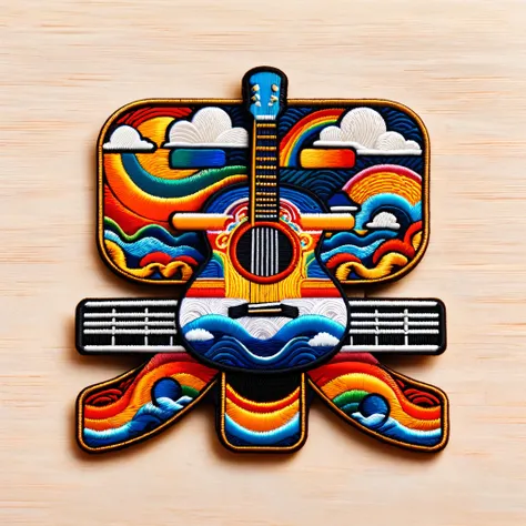 Simple monochrome background,One rainbow embroidered patch,Guitar,microphone,Waves,Clouds,Exquisite Chinese pattern