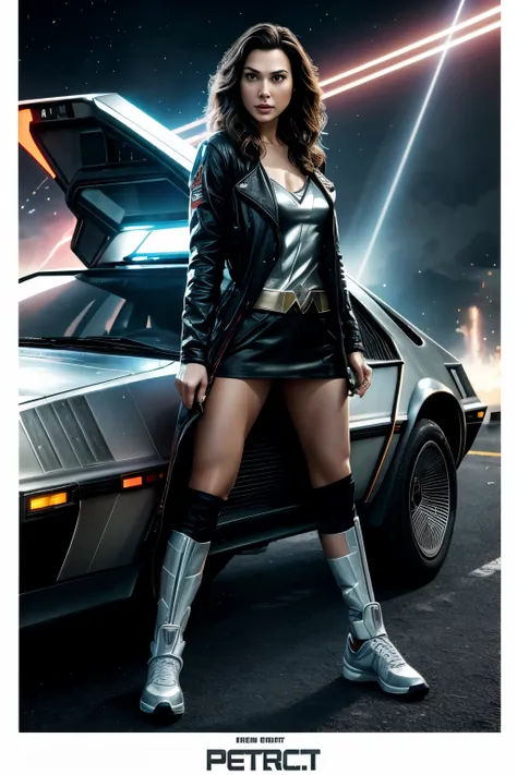 "Return to the Future: The New Era"
Design a poster featuring Gal Gadot as a new hero in the "Back to the Future" saga. She’s dressed in a modernized version of Marty McFly’s outfit, standing beside an upgraded DeLorean with a sleek, futuristic design. The...