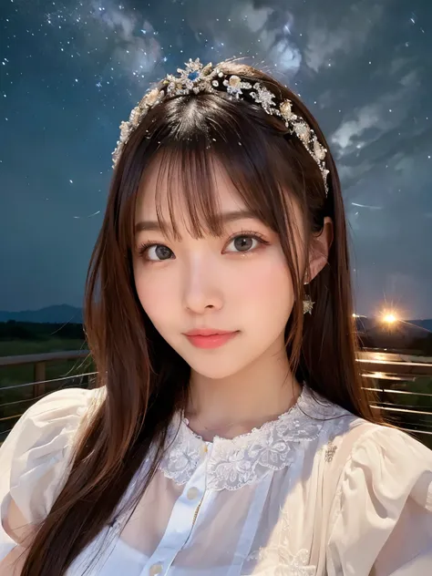 (((masterpiece))), (((Highest quality: 1.4))), ((Super detailed: 1.4)) ,starry skies、A captivating beautiful girl、Phenomenal good looks、Beautiful appearance、Popular Idols、starry sky focus、Cowboy Shot