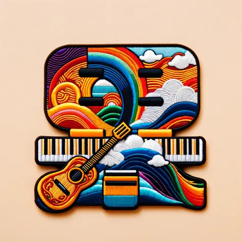 Simple monochrome background,One rainbow embroidered patch,Guitar,keyboard,microphone,Waves,Clouds,Exquisite Chinese pattern