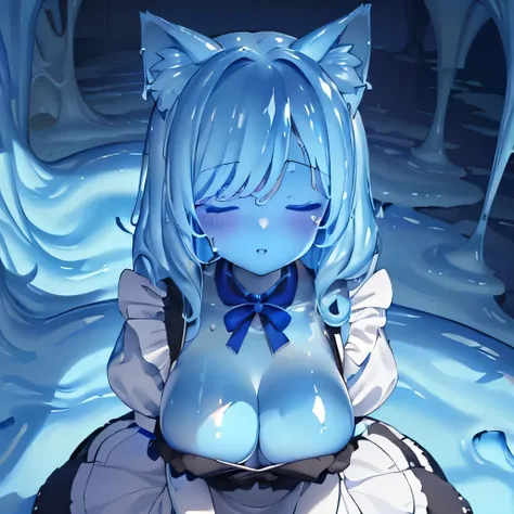  ((masterpiece,best quality,ultra-delicate,Perfect Face,16k,high resolution,very beautiful girl)),blue slime girl,high viscosity slime blue body,black and white maid dress:1.5,cat ears,large breasts,,smile,,standing,blue slimy caves,melting legs,cowboy sho...