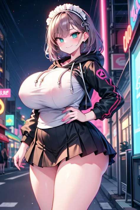 Hentai、Highest quality、cyber punk、Mr.々A short, chubby, busty gal shows off her charms in a closed alley with colorful neon lights flashing.、Light green hoodie、Cybernetic maid fashion、Frilled Skirt、A late-night town adorned with vulgar neon signs、Perfect pr...