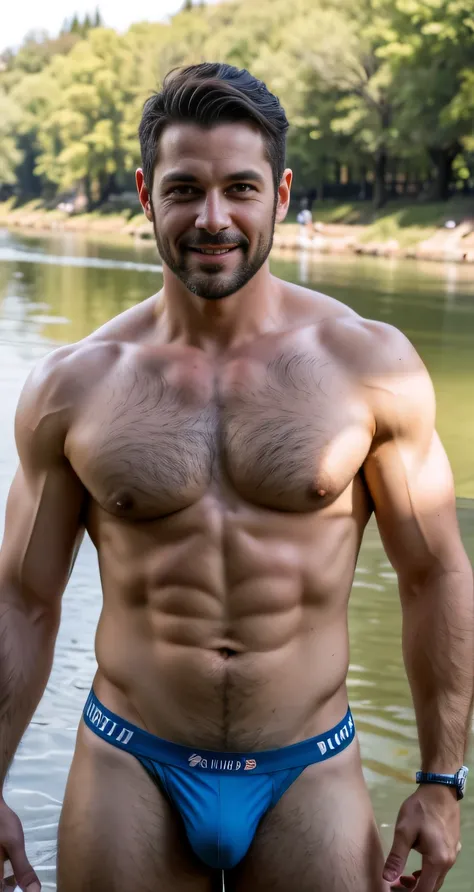  Handsome dad,Spanish men、very handsome、Abdominal muscles、Chest muscles、 underwear、Body hair、full-body shot，In the river