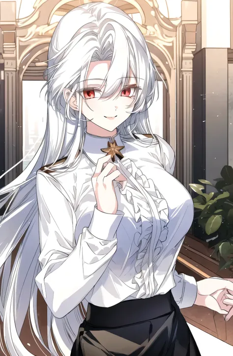 masterpiece, (best quality), 1girl , white hair, raviel, red eyes, academy uniform, white shirt, black skirt, smile