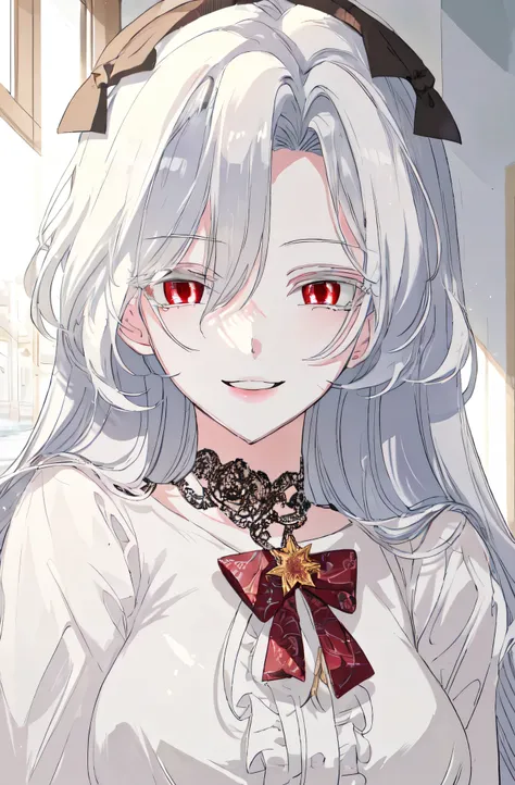 masterpiece, (best quality), 1girl , white hair, raviel, red eyes, smile