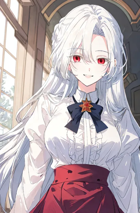 masterpiece, (best quality), 1girl, academy uniform, white hair, raviel, red eyes, smile