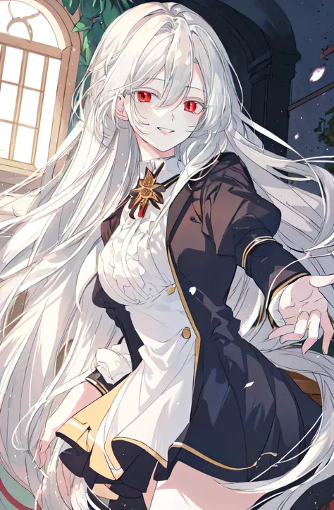 masterpiece, (best quality), 1girl, academy uniform, white hair, raviel, red eyes, smile