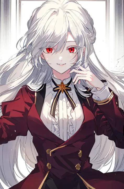 masterpiece, (best quality), 1girl, academy uniform, white hair, raviel, red eyes, smile, upper body