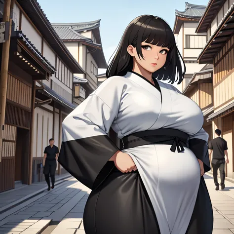 (Masterpiece), (detailed), (high res), (best quality), slim sumo girl, black square haircut and long haircut, black eyes, white mawashi sumo outfit, sumo girl walking through medieval Japanese city street, very fat
