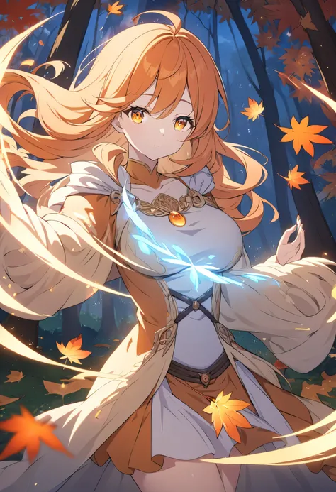 A young woman with long orange hair and matching orange eyes stands in an enchanted autumn forest. She is casting a magical spell, with swirling autumn leaves and glowing golden light surrounding her. The leaves dance around her, creating a magical vortex ...