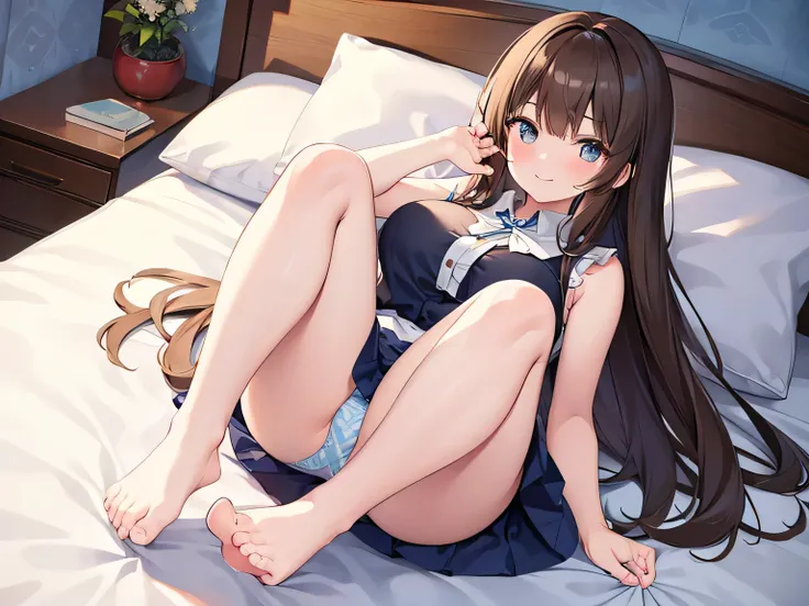 (masterpiece, top quality, high resolution, realistic photos, realistic looking skin:1.1),
(The woman is sitting, crouching, or lying on the bed, showing her panties to us:1.8),
(Her skirt is short and her panties are visible: 1.8),
(She should have a happ...