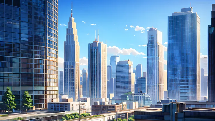 "A daytime cityscape with multiple skyscrapers lined up horizontally across the image, viewed from a dramatic low angle looking upwards. The buildings tower above, their facades stretching towards the sky, creating a sense of awe and grandeur. The perspect...