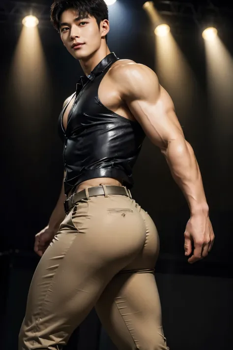 Realistic, High detailed, High quality, Ultra high res, Perfect face, Perfect body, Highly detailed, 8k, Photo of a handsome and cute boy (Korean guy who looks like a K-pop idol), 20 yo, On the stage of the university background, Full length portrait, A ...