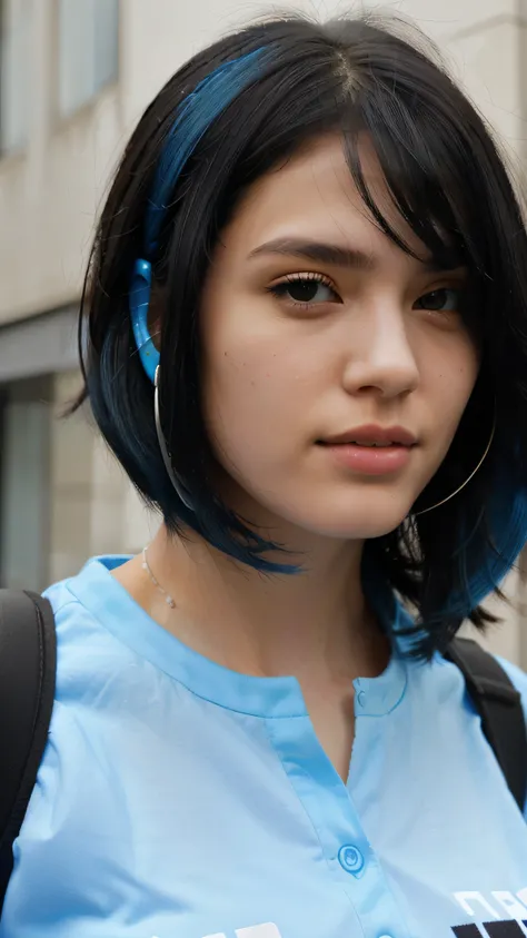 1 girl, highest resolution, black hair, Blue Hair, Student City Earpiece Technology
