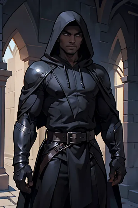 hooded handsome male, black cape, black leather armor, deep hood, shadow under hood, many belts and buckles