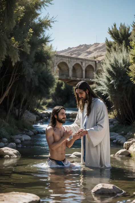 Jesus at age 30 being baptized in the Jordan River by John the Baptist