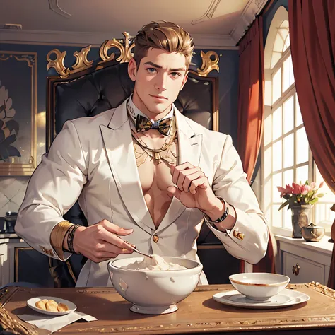 one wealthy young white handsome european hype fashion man looking happy, sniffing directly a small bowl full of thin white flou...