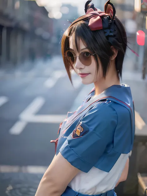 20 year old Japanese beauty，One woman、Muscular body like a bodybuilder、Emphasize the breasts、She has a yellow ribbon on her head、Slit eyes、A head-to-toe view，Bust is very very small、Wall Street in the background、High quality photos、Clear, crisp images of t...