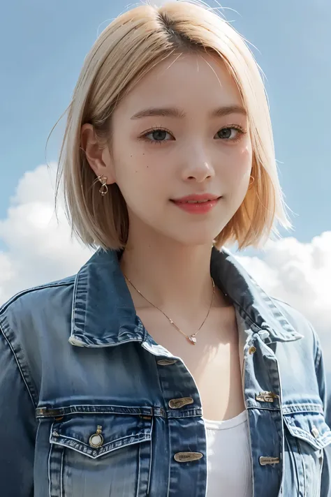 1 girl, alone, Android 18, blonde hair, blue eyes, short hair, decorations, earring, smile, jacket, look to the side, Denim, Denim jacket, upper body, underwear, gag, cloud, sky, day, look away, blue sky, collarb one,