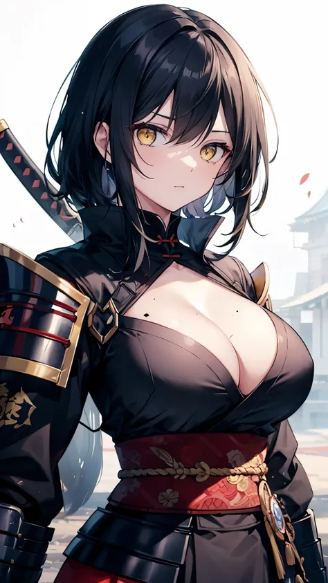 female, black hair, yellow eyes, sword, samurai, armor, cleavage, large breasts, mole, battlefield