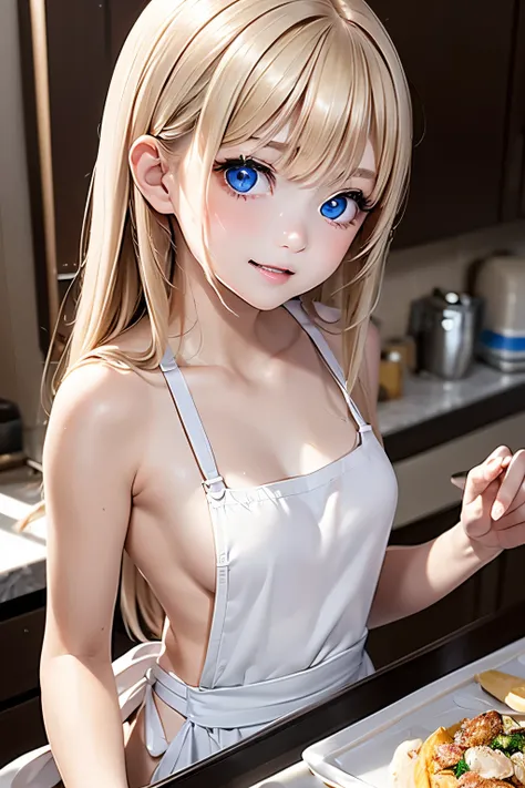 masterpiece,Highest quality,Very detailed, beautiful girl cooking in the kitchen,Completely naked,apron,Small breasts,Straight blonde hair,Perfect Blue Eyes,very cute