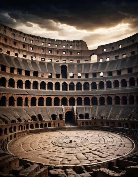 colossal colosseum, ancient roman gladiator arena, massive architecture, gladiator fights, beast hunting, dramatic lighting, hig...