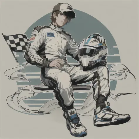 the drawing depicts a racing driver sitting confidently, holding a helmet on his knee. the rider is dressed in a detailed racing...