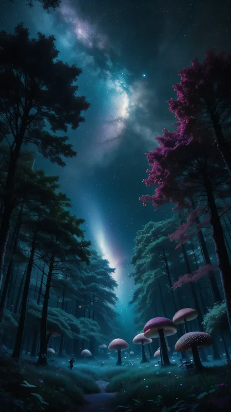 Viral anime nature wallpaper in 4K quality, in the style of digital illustration inspired by Yoshitaka Amano, showing a mystical forest with giant mushrooms, bioluminescent plants, and ethereal creatures wandering around; cool and mystical color temperatur...