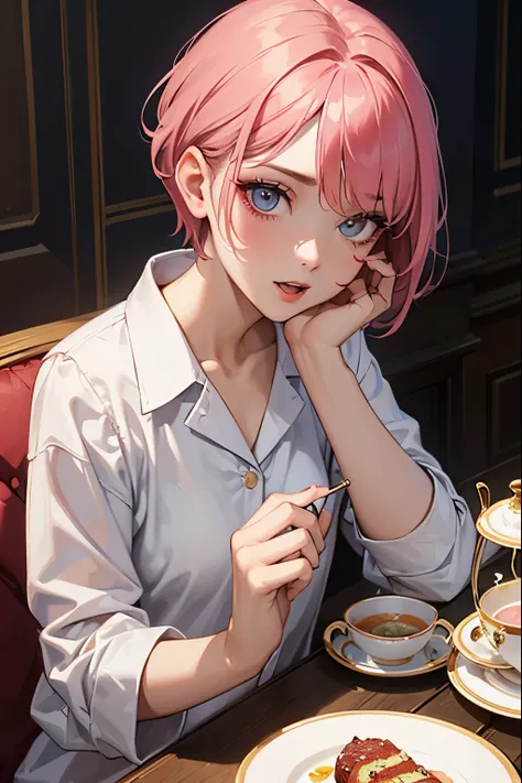 (highest quality:1.2), a 20-years-old girl is sipping the tea,having a teacup,  a lot of meal on the table in front of her. front view, a photorealistic cute girl, beautiful face,looking doubtful, European face like a doll, heaviy make-up face, suspicious ...