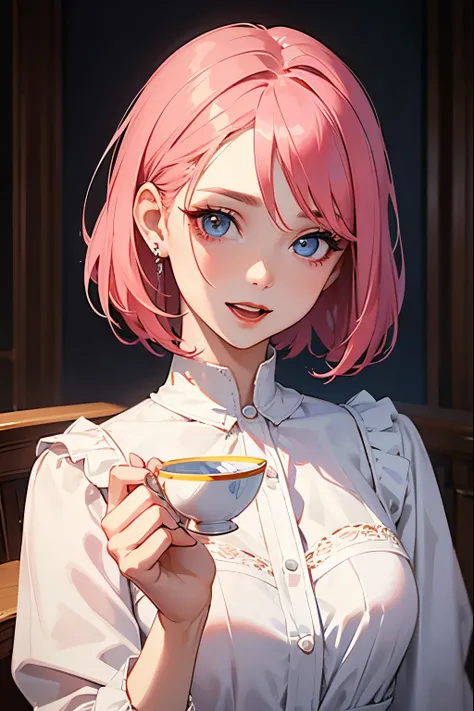 (highest quality:1.2), a 20-years-old girl smiles faintly and regains confidence,having a teacup,  a lot of meal on the table in front of her. front view, a photorealistic cute girl, beautiful face,looking doubtful, European face like a doll, heaviy make-u...