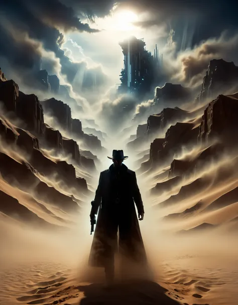 roland of stephen kingâs the gunslinger, back view, a sci-fi gunslinger amidst a deserted world with a distant glass tower, we...