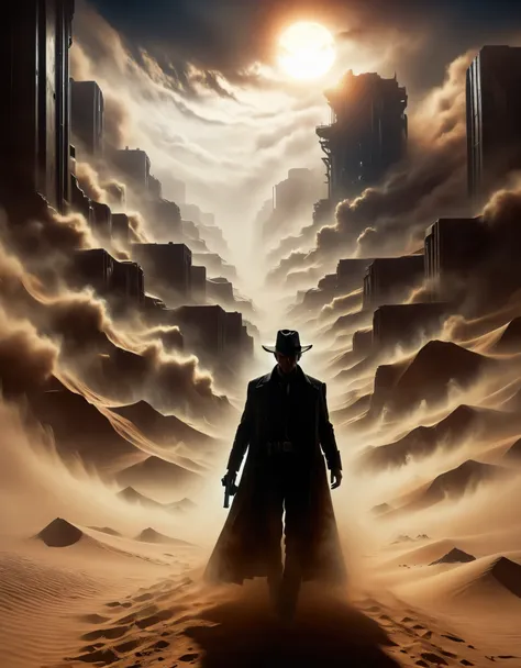 roland of stephen kingâs the gunslinger, back view, a sci-fi gunslinger amidst a deserted world with a distant glass tower, we...