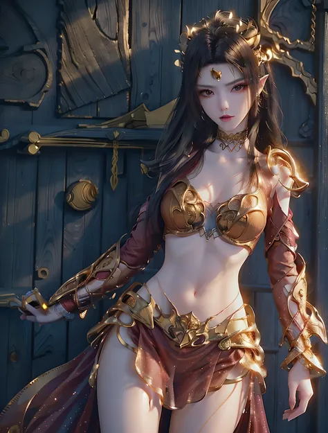  Women in golden transparent dresses,1 white hair and 1 red hair.charming beauty,seductive,look at the viewer,Slim waist,(exposed navel,Bare waist),Long hair,Very detailed,High end Zhenyi Station,Rainstorm Site, Detailed fantasy art, Stunning character art...