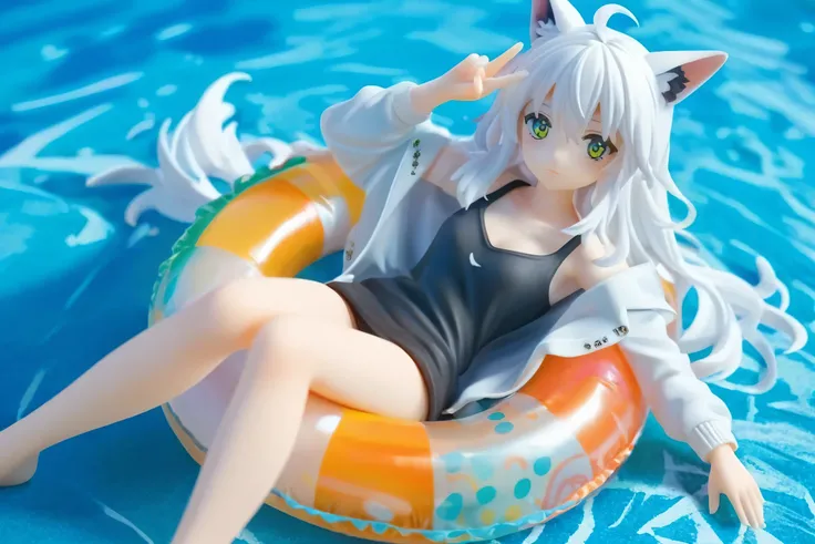 A girl with long white hair and cat ears wearing a black swimsuit and white jacket relaxing in a colorful inflatable pool ring, making a peace sign with her hands, against a vivid blue water background with natural bright lighting creating a relaxing atmos...