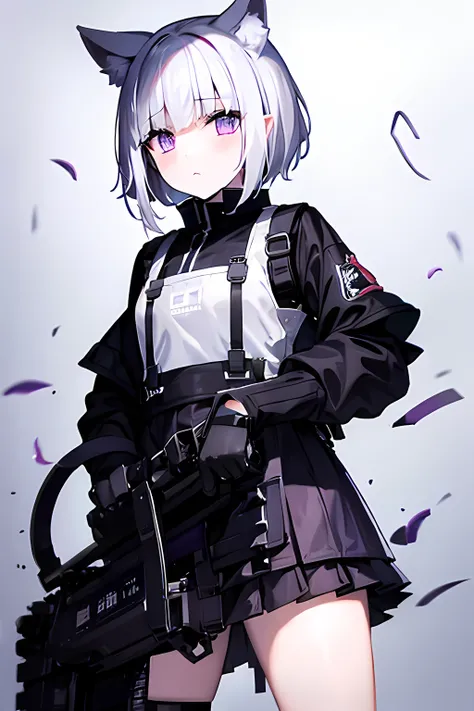 One  has beautiful purple eyes。White Medium Wolf Hair。Short Hair。Cat-eared girl holding an M16。The  is wearing a black combat uniform。Bulletproof vest。Small Tits。。Background is a white wall