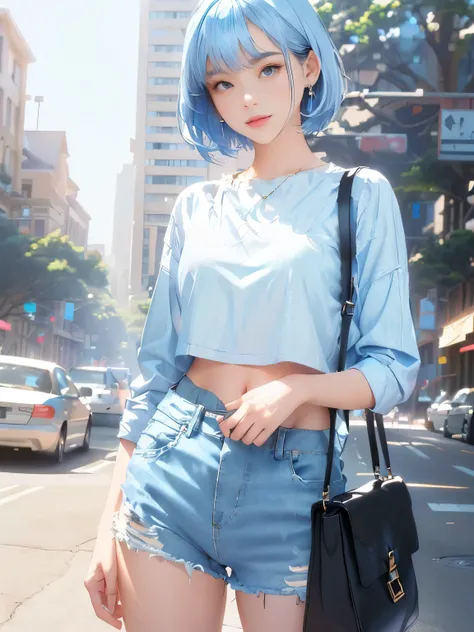 short hair, Straight Hair, White cropped top, Light Blue Frayed Denim Shorts, Black handbag, Casual style, earrings, Standing posture, Natural light, Outdoor urban environment, city View, Trees, High buildings, Light on the left, Soft shadows, Active atmos...