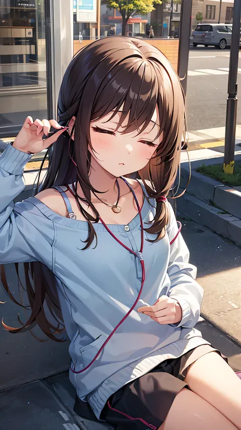 Very cute  girl、Earphones in ears、Eyes closed、Sleeping