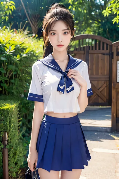 (Ultra HD), (Looking at me), (The whole body is shown), (Short-sleeved sailor uniform, Navy blue mini skirt), Big Breasts, Super beautiful breasts, slender, (Thin legs:1.2), (Thin thighs:1.2), (Thin Hips:1.4), (Beautiful Skin, Shiny skin, White skin), (Sup...