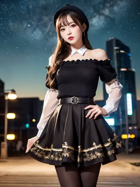 (((masterpiece))), (((Highest quality: 1.4))), ((Super detailed: 1.4)) ,starry skies、A captivating beautiful girl、Phenomenal good looks、Beautiful appearance、Popular Idols、starry sky focus、(Flared skirt dress), (Ultra-realistic pantyhose:1.3), One piece and...