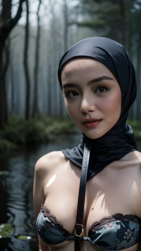 ((HIJAB)), TWO MALAY GIRLS ((HUGGING EACH OTHER)), WEARING STRAPLESS PATTERN FLORAL BRA, (Best Quality, hight resolution, Realistic:1.37), Detailed face and expression, The Frightened Woman, pixie cut, sickly, Worn-out appearance, Swamp environment, standi...