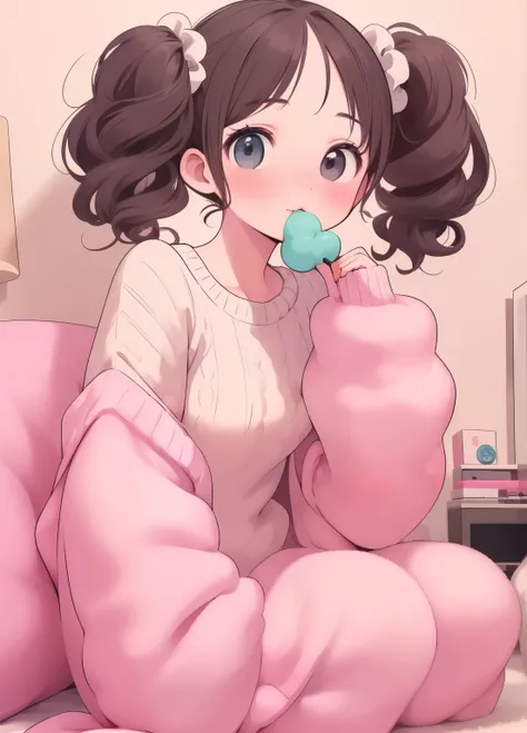 (masterpiece、Highest quality、Highest quality、Official Art、Beautiful and beautiful:1.2)、(One person:1.3)Hatsune Miku、Twin tails,Beautiful breasts, Katsushika Hokusai,Shoulder sweater, Curly Short Hair, Hair Scrunchie, Twin tails, Cute pose、Eating mochi、TV c...